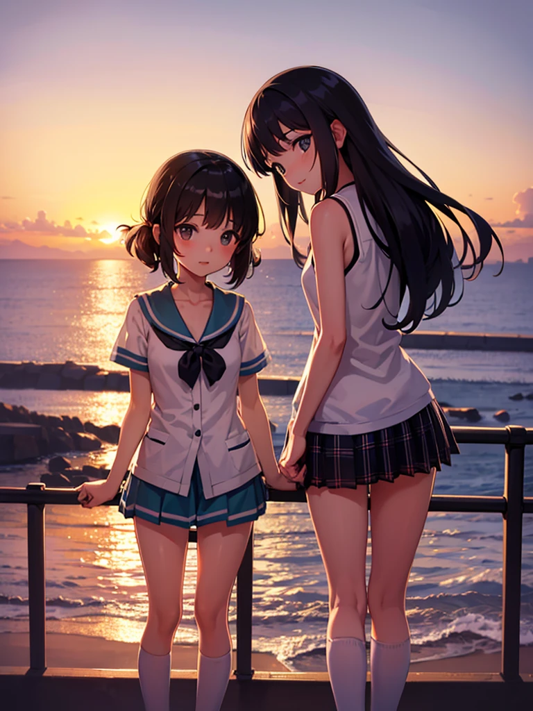 two middle school girl, sea view, sunset, tiny