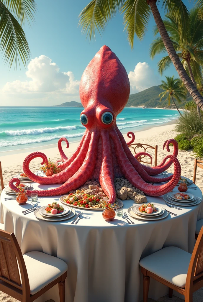Super mega giant squid cooked on a plate, on top of an elegant table, around a wedding-themed beach background