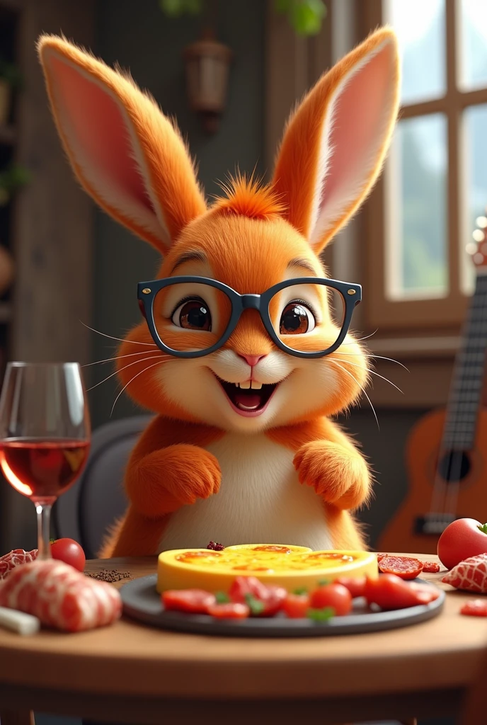 Rabbit redhead qui mange une raclette,charcuterie,realistic,verre de vin,sourire,joie,lunette,guitar