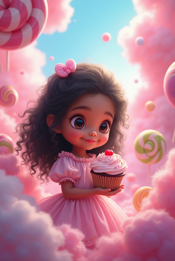 A 10-year-old child , light brown skin with long curly black hair, ,With cupcake in hand . In a sweet world . mer