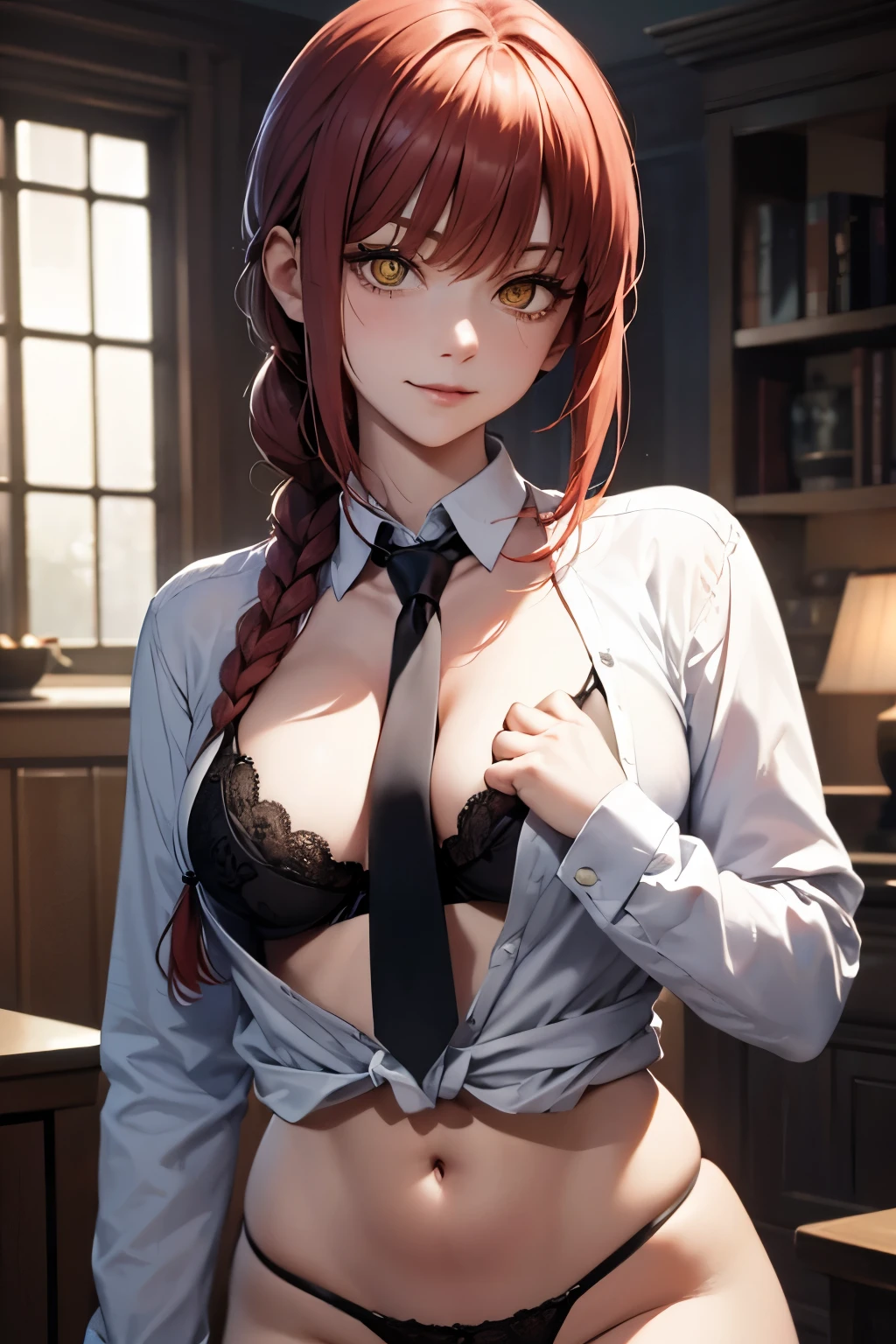 Makima, Makima, Long hair, malicious Bangs, (Small breasts:1.2), (Yellow eyes:1.2), braid, Red hair , smug smile evil , braided ponytails, Ringed Eyes, BREAK shirt, Long sleeves, White shirt desabotoado , black bra , neck tie, Collared shirt, thong pantie , garterbelt , Suit, black necktie, shirt tucked in, Break indoors, BREAK looking at viewer, BREAK (masutepiece:1.2), Best Quality, High resolution, Unity 8k wallpaper, (Illustration:0.8), (Beautiful detailed eyes:1.6), extra detailed face, Perfect Lighting, (Perfect hands, Perfect Anatomy), sexy , big breasts .