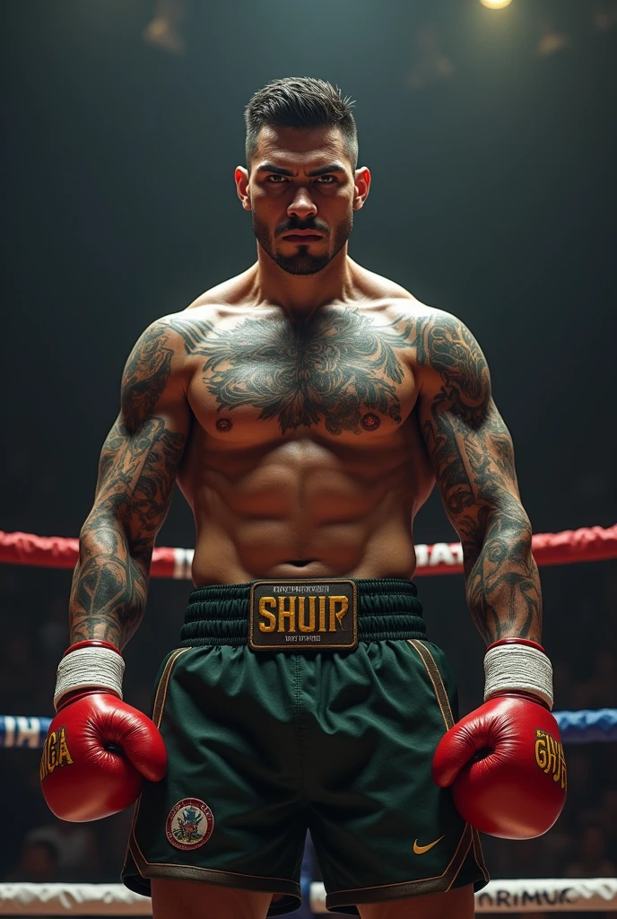 Shirtless 23 year old Angry Mexican heavily tattooed boxer with boxing gloves and boxing shorts in ring