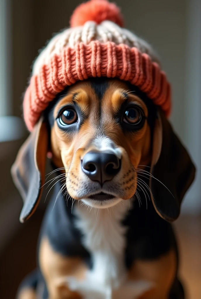 A dog, only face and neck, using a beanie style cold cap
