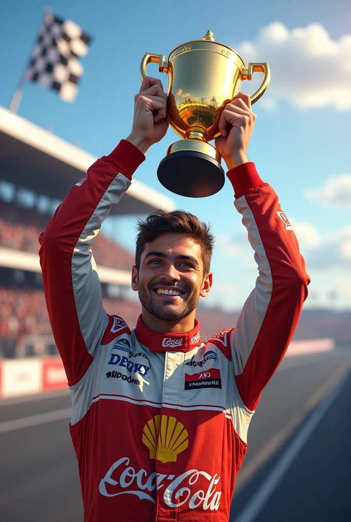 male race car driver with trophy in hand celebrating