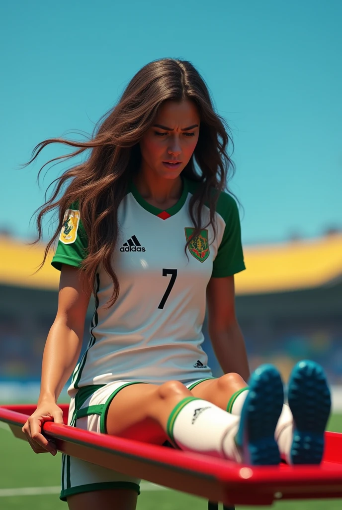 Beauty women soccer in bolivia's team uniform, with shinguards, bluesky soccer shoes adidas, ultra realistic in 8k, underwear, log hair brunette grimaces foul in stretcher 