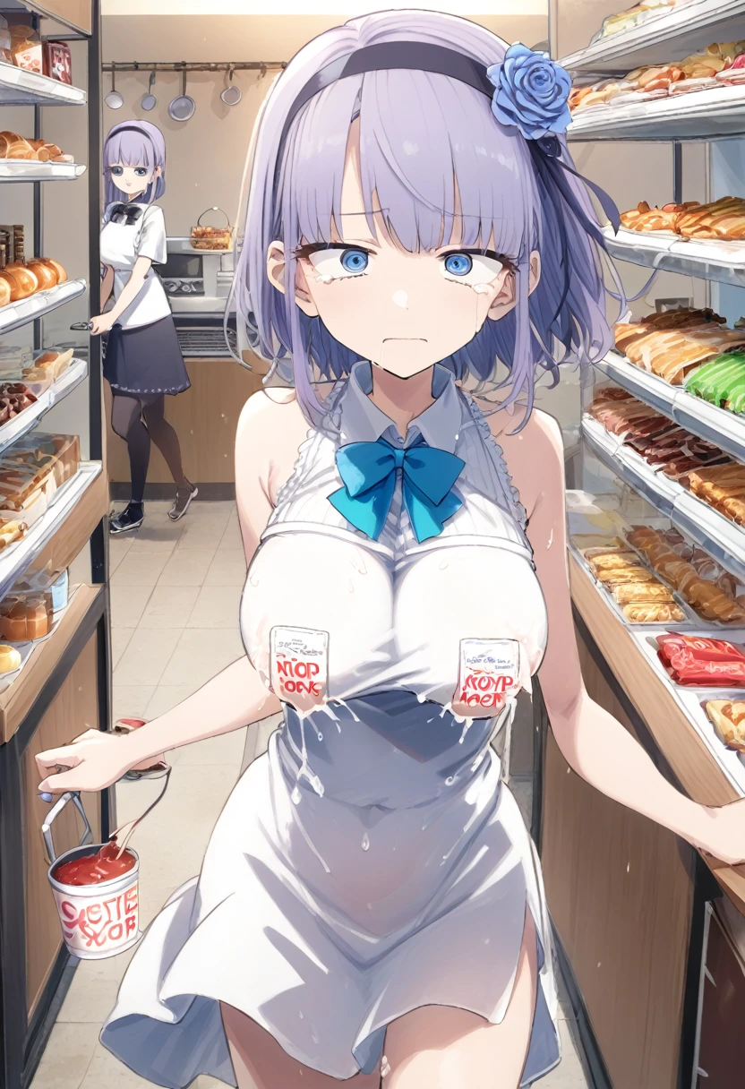 1girl, nsfw, SHIDARE_hotaru, Blue eyes, RINGED EYES, PURPLE HAIR, SHORT HAIR, hairband, hair ornament, ROSE, BOWTIE, crying, Sweets store, local snack shop, empty eyes, large breasts, nipple, Walking, Cooking Classes, frozen, Wet, crying, Naked, (1girl) Blank look, Peeing, lactation, projectile lactation, sea