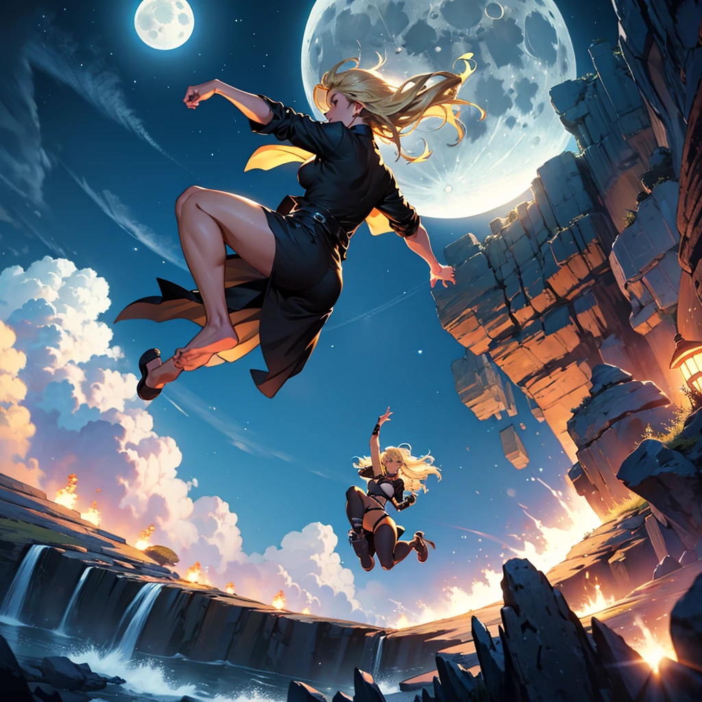 Blonde woman jumping off a cliff at night, with the moon in the background