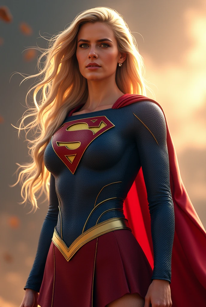 Gaia Weiss under the mantle of the Kryptonian Kara Zor-El alias Supergirl long blonde hair Superman suit Man of Steel Movie