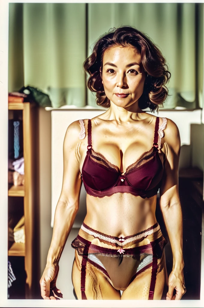 ((best-Quality、8K、Master masterpiece、Portrait:1.3)), photorealistic, disposable camera, 35㎜ film, 1 Japan Woman, Beauty, 54 years old, Wavy Hair, Wrinkles at the corners of the eyes, Plump body, ((bra and panties on :1.5)) , Small room,