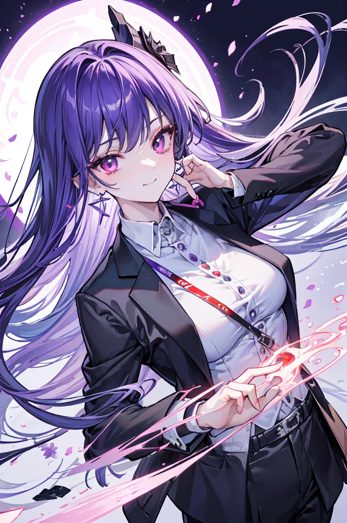 Highest quality, 16K, masterpiece :1.3 Ultra-high resolution No abnormalities in the details Detailed face Gender is male neutral cool Wearing a suit Purple Hair Red eyes Looking at me Calm atmosphere The whole body is visible Occupation is a police officer Smiling Wearing large earrings on her ears Magical Beauty Beautiful and sharp eyes