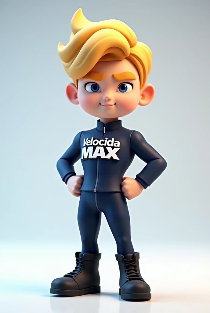 Create a mascot of a low poly 3D male character with blonde hair, wearing a dark blue uniform with a logo that says 'Velocida Max', and black boots. Make it in HD quality.