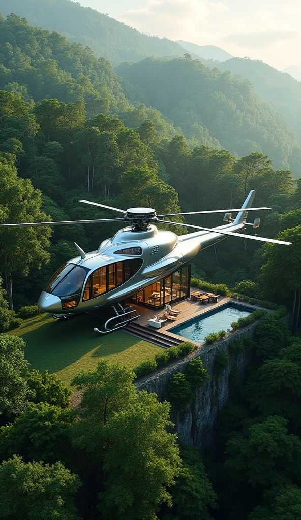 "Create a cinematic 4K image, DSLR Canon style, of a mansion shaped like a helicopter, located in the middle of a stunning forest. The mansion should be designed in the form of a helicopter, with architectural and decorative details that reflect the design of a helicopter while maintaining the look of a luxurious mansion. Show the mansion surrounded by lush trees, with a vibrant forest landscape all around. Include details such as windows and outdoor areas that highlight the mansion’s integration with the natural environment."