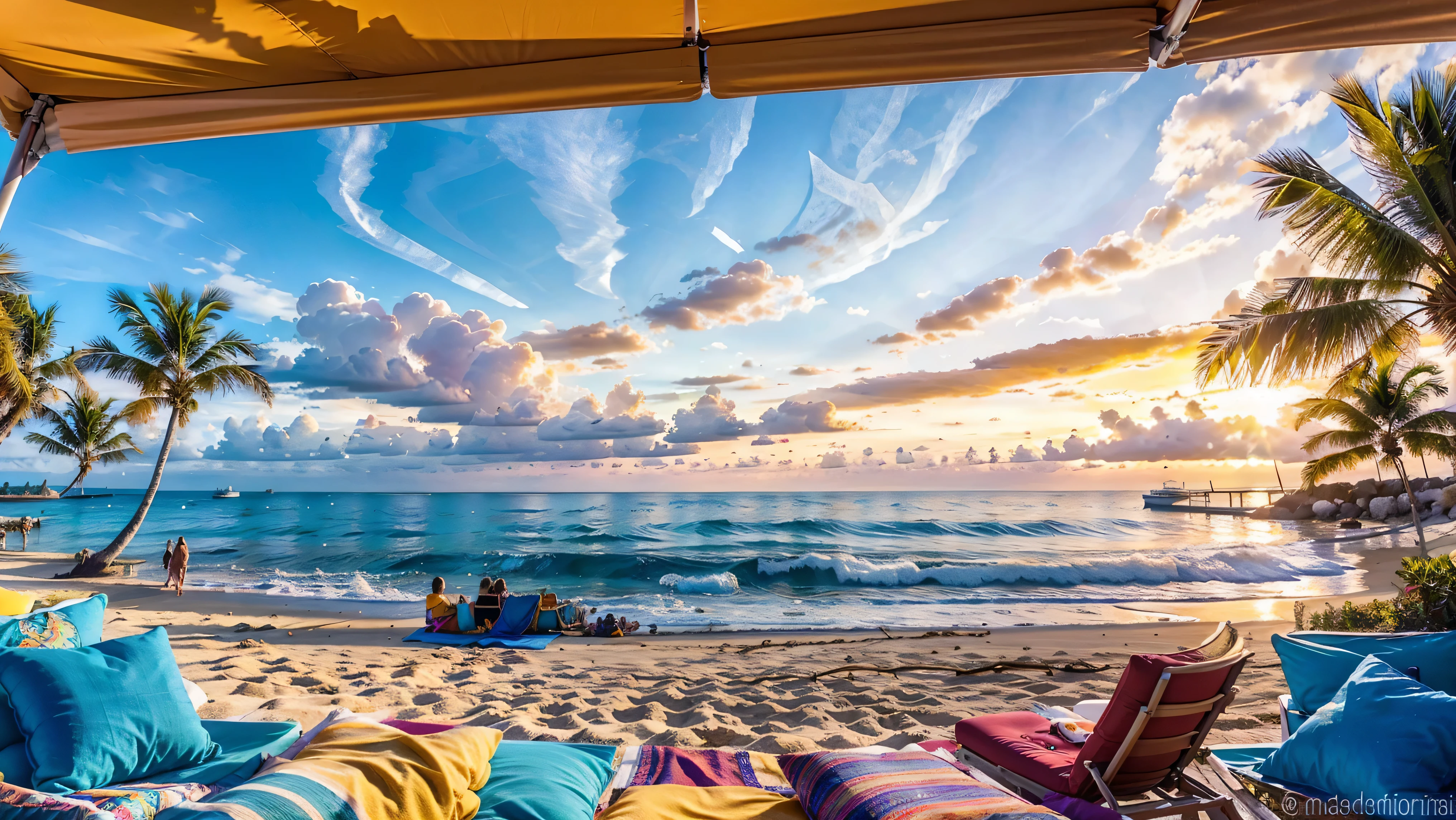The scene is set on a vibrant, bustling Malibu beach, where the sun casts its golden rays upon the glistening sand, creating a warm and inviting atmosphere. The azure waves rhythmically kiss the shoreline. In the foreground, a colorful umbrella stands tall, its fabric rippling gently in the ocean breeze. Beneath it, a beach chair invites relaxation, its cushions adorned with vibrant patterns that mirror the kaleidoscope of hues dotting the coastline. Further down the beach, a jet ski rests on the sand, its sleek design contrasting with the organic shapes of the surrounding landscape. Its vibrant colors hint at the thrill and adventure it offers, beckoning adventurers to explore the cerulean waters beyond. As the sun reaches its zenith, the scene comes alive with an explosion of color. Beach towels sprawl across the sand, each one a canvas of bold patterns and tropical motifs. Families frolic in the shallows, their laughter mingling with the cries of seagulls soaring overhead. In the distance, palm trees sway gently against the backdrop of a clear, azure sky, their fronds casting dappled shadows on the sand below. The scent of salt hangs in the air, mingling with the tang of sunscreen and the aroma of freshly grilled seafood from nearby beachside cafes. As the day wears on and the sun begins its descent, the beach takes on a magical quality. The sky ignites in a fiery display of oranges, pinks, and purples, casting a warm glow over the entire scene. Silhouettes of beachgoers dance against the backdrop of the setting sun, their joyous spirits mirroring the beauty of the paradise they inhabit. (best quality,4k,8k,16k,32k,64k,Highest,masterpiece:1.3),(realistic,photo-realistic,photorealistic:1.4),