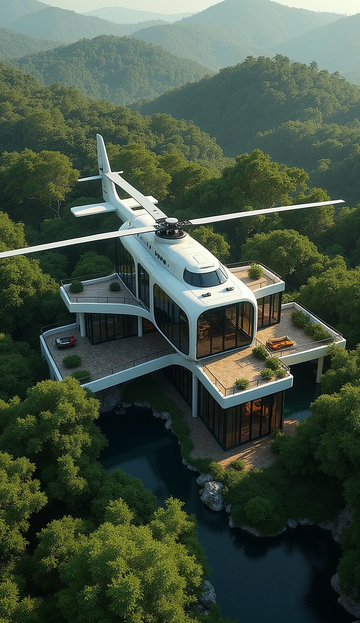 "Create a cinematic 4K image, DSLR Canon style, of a mansion shaped like a helicopter, located in the middle of a stunning forest. The mansion should be designed in the form of a helicopter, with architectural and decorative details that reflect the design of a helicopter while maintaining the look of a luxurious mansion. Show the mansion surrounded by lush trees, with a vibrant forest landscape all around. Include details such as windows and outdoor areas that highlight the mansion’s integration with the natural environment."