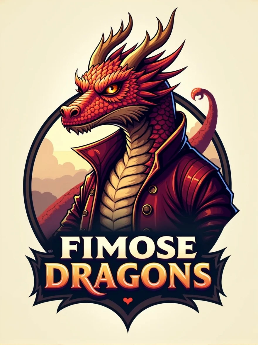 A logo of a dragon wearing a head-length jacket with "FIMOSE DRAGONS" written on it