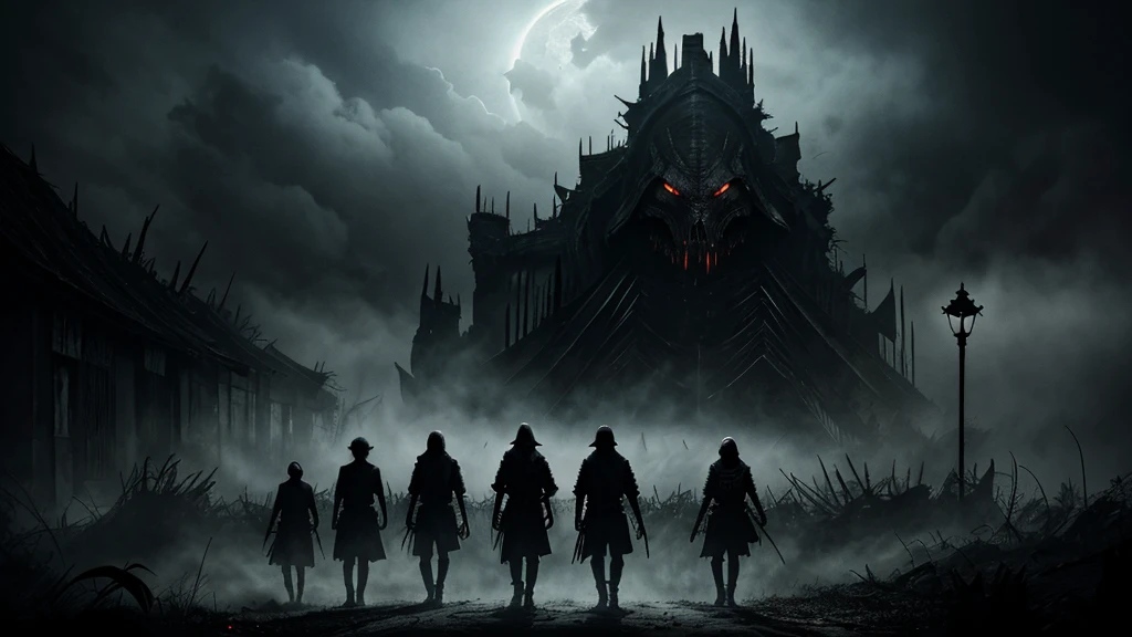 "Design a chilling and suspenseful movie thumbnail that portrays the terror of eight young people being kidnapped from a village every three years and sacrificed to a monstrous, bestial being. Show a dark, ominous village shrouded in fog, with shadowy figures dragging the terrified youth away. The monstrous being should be partially visible, towering in the background with glowing eyes and menacing features. Incorporate eerie, alien elements and a war-torn landscape in the background to add to the chaos and dread. Use a dark, foreboding color scheme with sharp contrasts, and include the text 'Every 3 Years, 8 Young People are Kidnapped and Sacrificed!' in a bold, gripping font."






