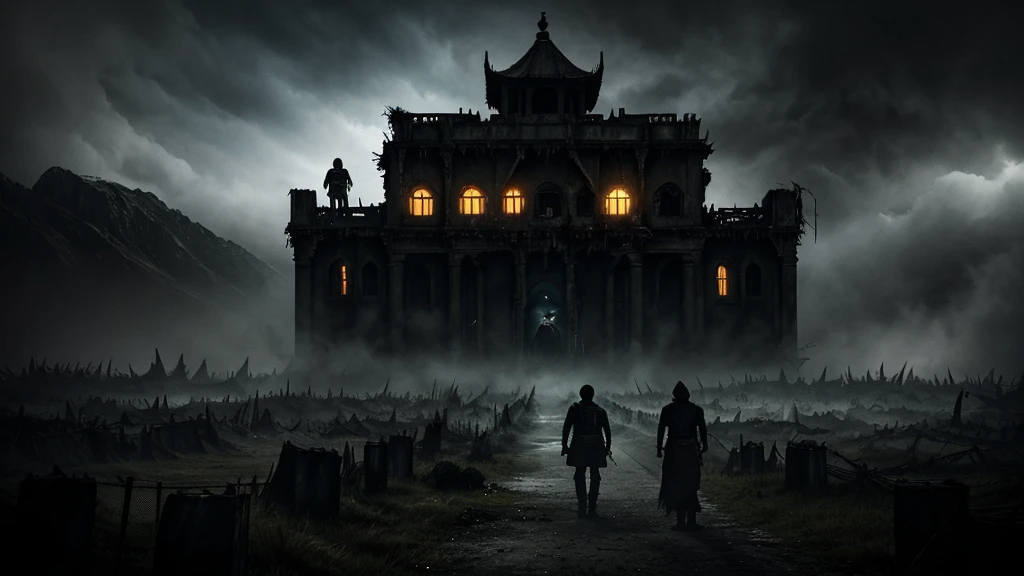 "Design a chilling and suspenseful movie thumbnail that portrays the terror of eight young people being kidnapped from a village every three years and sacrificed to a monstrous, bestial being. Show a dark, ominous village shrouded in fog, with shadowy figures dragging the terrified youth away. The monstrous being should be partially visible, towering in the background with glowing eyes and menacing features. Incorporate eerie, alien elements and a war-torn landscape in the background to add to the chaos and dread. Use a dark, foreboding color scheme with sharp contrasts, and include the text 'Every 3 Years, 8 Young People are Kidnapped and Sacrificed!' in a bold, gripping font."






