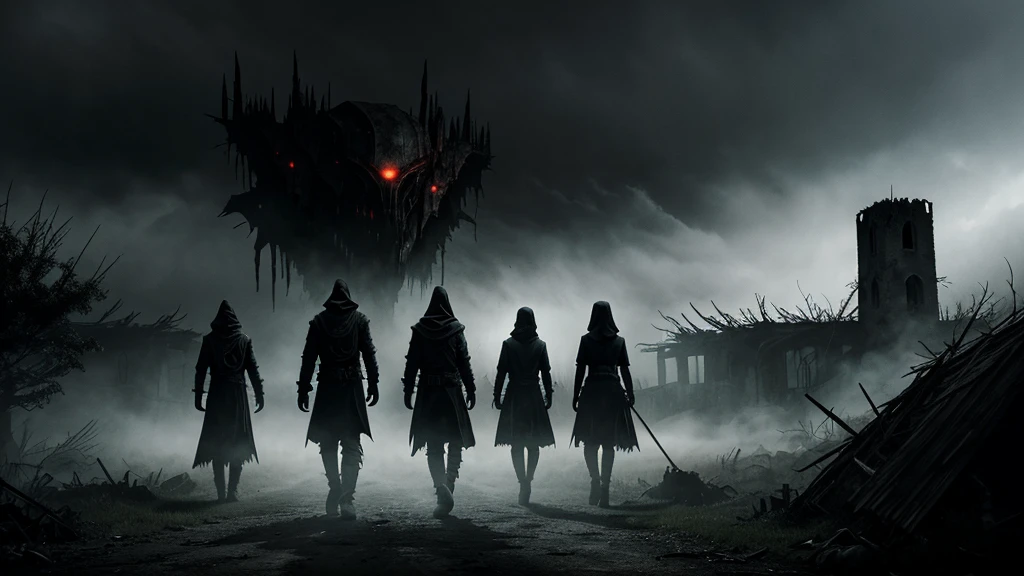 "Design a chilling and suspenseful movie thumbnail that portrays the terror of eight young people being kidnapped from a village every three years and sacrificed to a monstrous, bestial being. Show a dark, ominous village shrouded in fog, with shadowy figures dragging the terrified youth away. The monstrous being should be partially visible, towering in the background with glowing eyes and menacing features. Incorporate eerie, alien elements and a war-torn landscape in the background to add to the chaos and dread. Use a dark, foreboding color scheme with sharp contrasts, and include the text 'Every 3 Years, 8 Young People are Kidnapped and Sacrificed!' in a bold, gripping font."