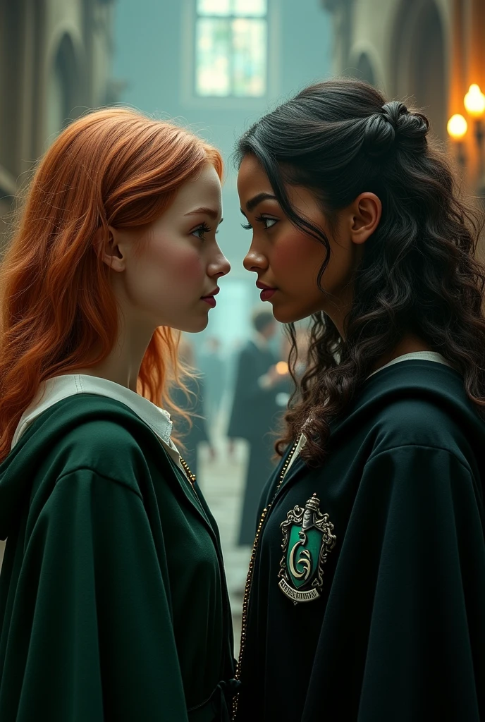 Pale Ravenclaw girl with straight ginger medium length hair and green eyes. Tanned slytherin girl with dark brown wavy curly hair and black eyes