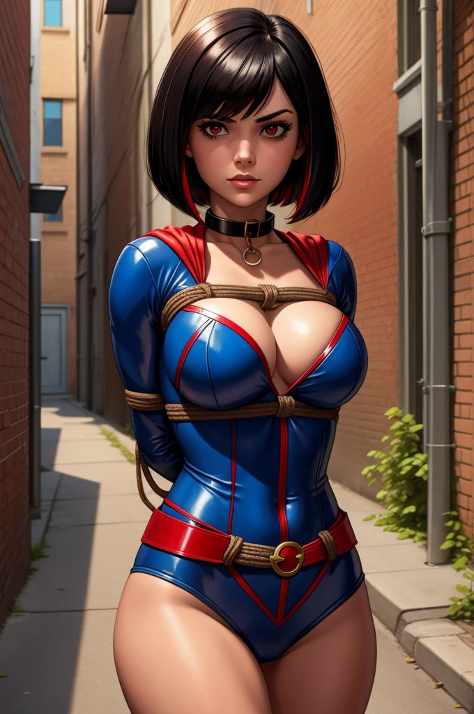 super girl, heroine, costume, bobcut, black hair with red highlights, submissive, slave collar, tied up with rope, captured, bondage, restrained, in an alley way, hands behind back, surrounded by bad guys