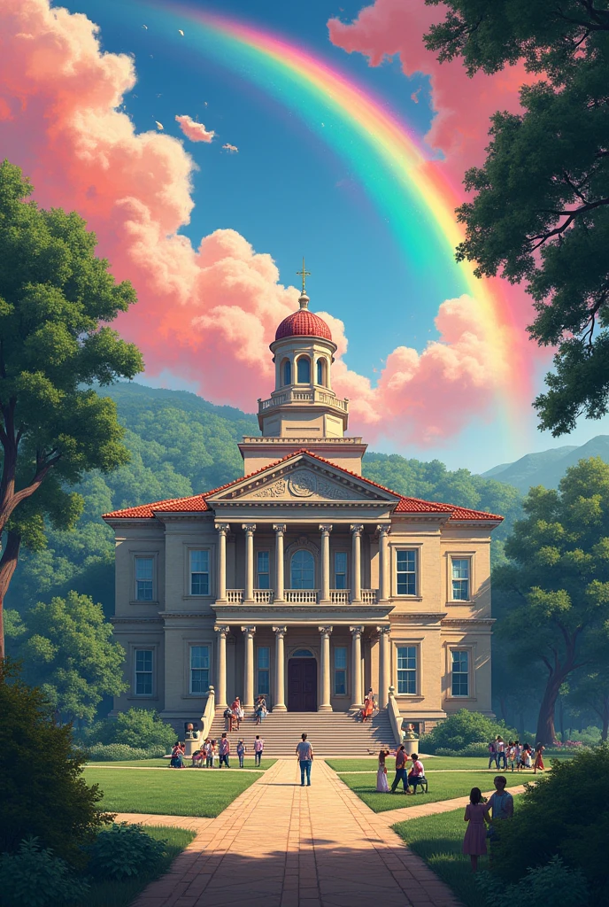 Beautiful School, Music 학교, rainbow, Red Clouds, School Name 1879, Music. music school, Show me the interior