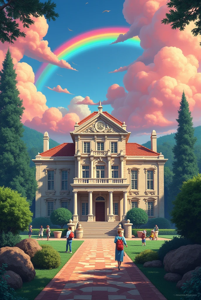 Beautiful School, Music 학교, rainbow, Red Clouds, School Name 1879, Music. music school, Show me the interior