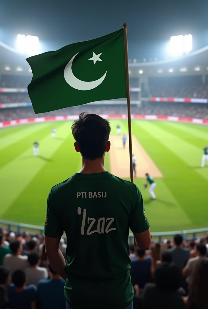 (photorealism :1.2) generate a photo in which i am standing and watching cricket match
in a cricket stadium with palistan tehrek e insaf flag in hand writte izaz on my shirt