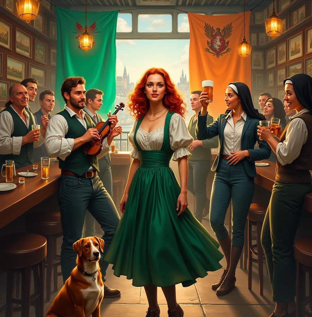 Dockside Revelry with Mary at the Center: Create a lively scene of a wild night in a dockside pub, with Mary, a 20-year-old Irish girl, as the central figure. Surround her with a fiddler playing passionately, a docker raising a pint, and Norah Kane engaging in animated conversation. Include a dog sitting faithfully by Mary’s side. Floating above the scene, like images from the Sistine Chapel, are a Priest and a Nun watching over Mary. Balance the gender representation, incorporating both male and female figures, with the vibrant colors of the Irish flag (Green, White, and Orange) subtly woven into the background. Liverpool should be prominent, perhaps through a window showing the cityscape or in details around the pub.