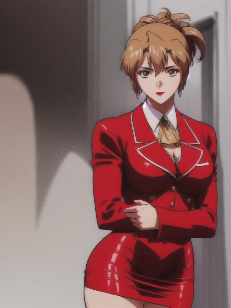 high resolution, masterpiece, high quality, fancy mansion foyer, <lora:aika:.7>, Aika, folded ponytail, large breasts, red jacket, red pencil skirt, high heels, hands on hips