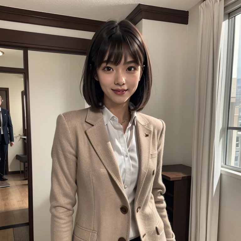 Masterpiece、8k、Very realistic、Japanese、One person、woman、Skinny athletic model body、Flat Chest、tall、Description:whole body、50 years old、(Hairstyle:Bangs(1.6))、At home, in the room、The best smile、clothing:Blazer school uniform(1.6)、