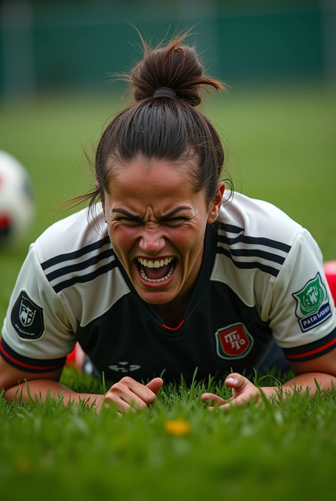 Female soccer player in 8k, ultra realistic on natural grass grimaces foul, lying on grass