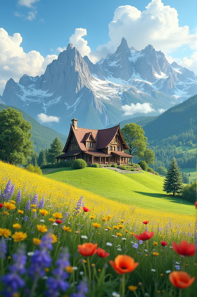Country house with sunny day, flowery field with mountains in the background
