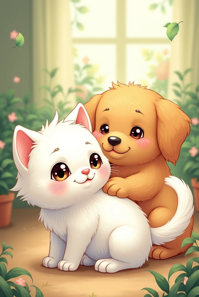 a cute cat and dog, story illustration style , Various poses and expressions, the cat is white and the dog is a Golden Retriever