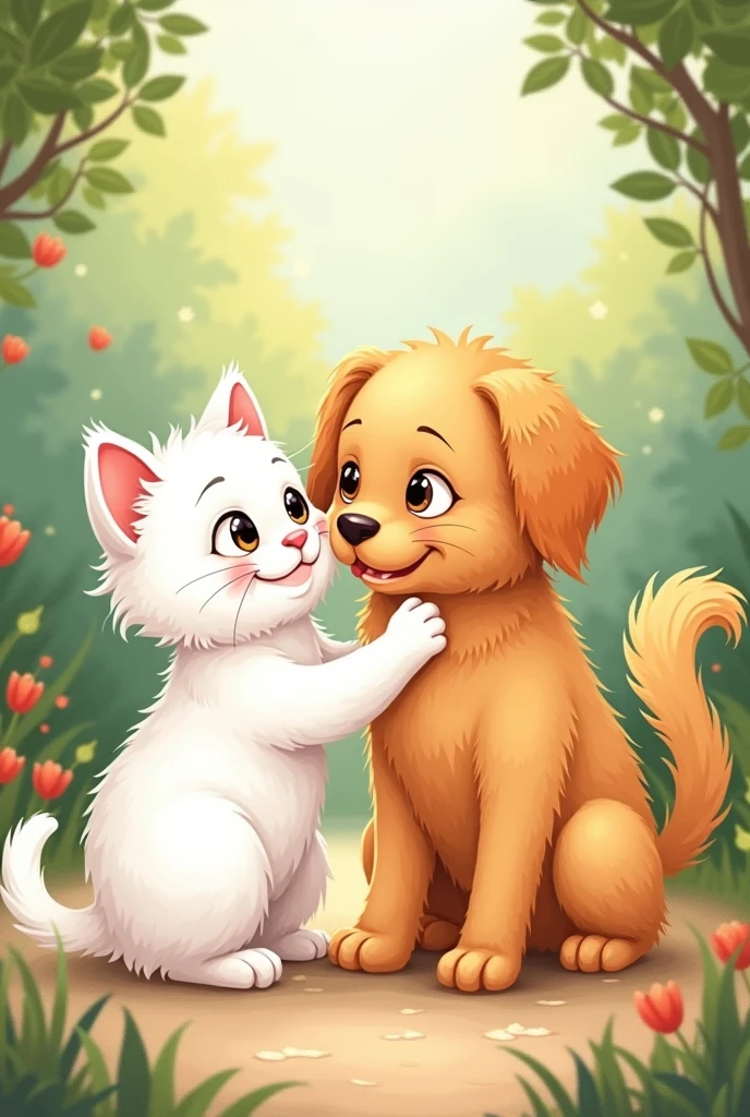 a cute cat and dog, story illustration style , Various poses and expressions, the cat is white and the dog is a Golden Retriever