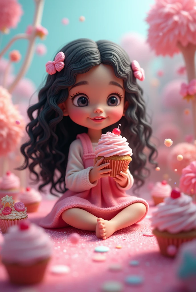 A 10-year-old child ,fair skin with long curly black hair, ,With cupcake in hand . In a sweet world . mer