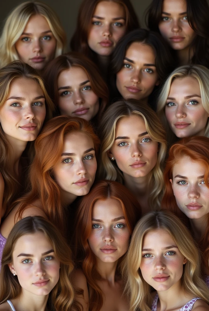 Group portrait of beautiful girls, blondes, brunettes, redheads, perfect faces, perfect eyes, crowded together