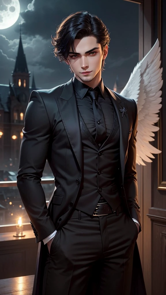 An attractive young man with dark eyes looking seductive and domineering obsessive, corner smile, as if he were a fallen angel, in front of the full moon