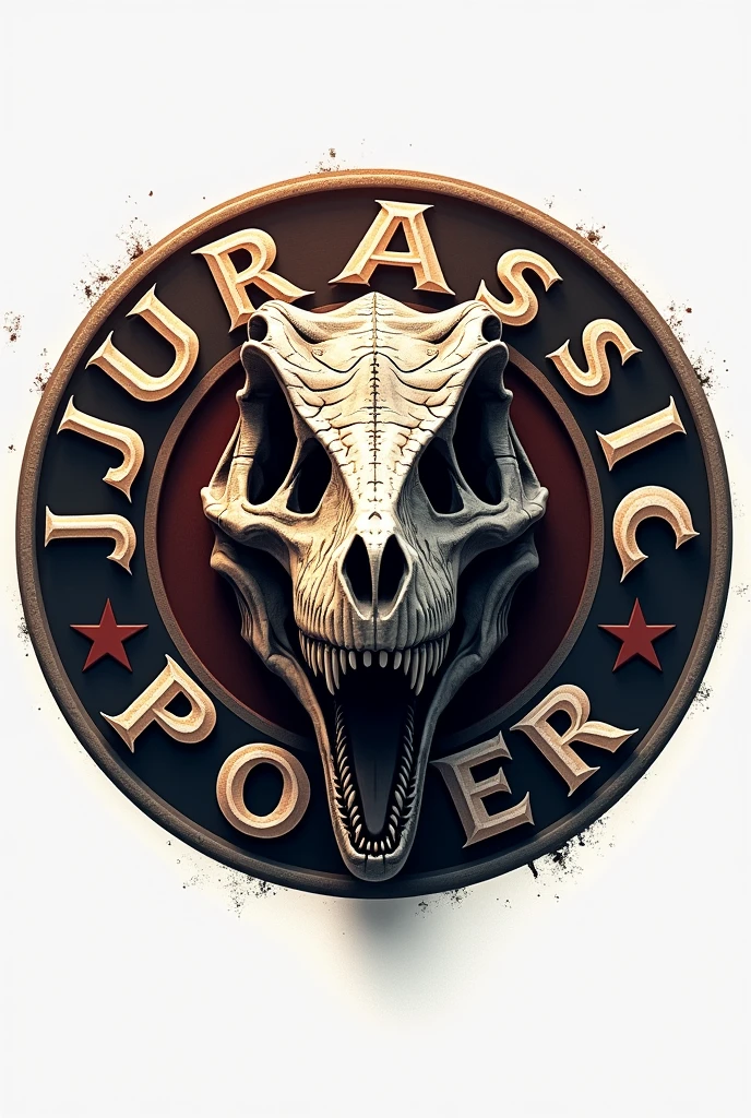 Circular logo with a velociraptor skull only in the center and saying Jurassic power around the logo