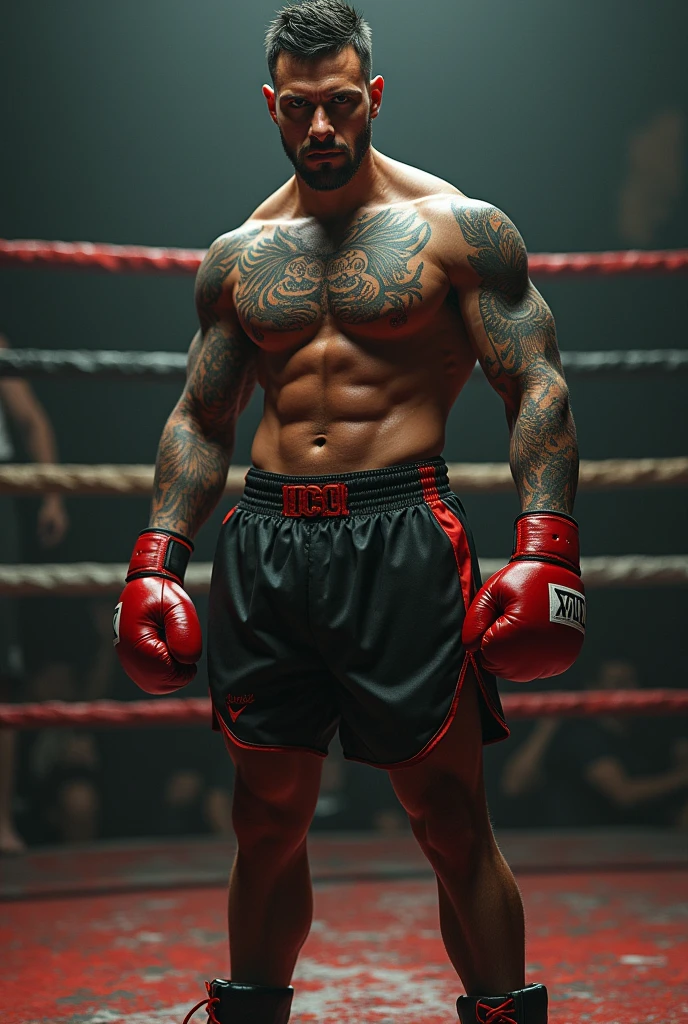 Shirtless 23 year old Angry Mexican heavily tattooed boxer with boxing gloves and boxing shorts and boots in ring 