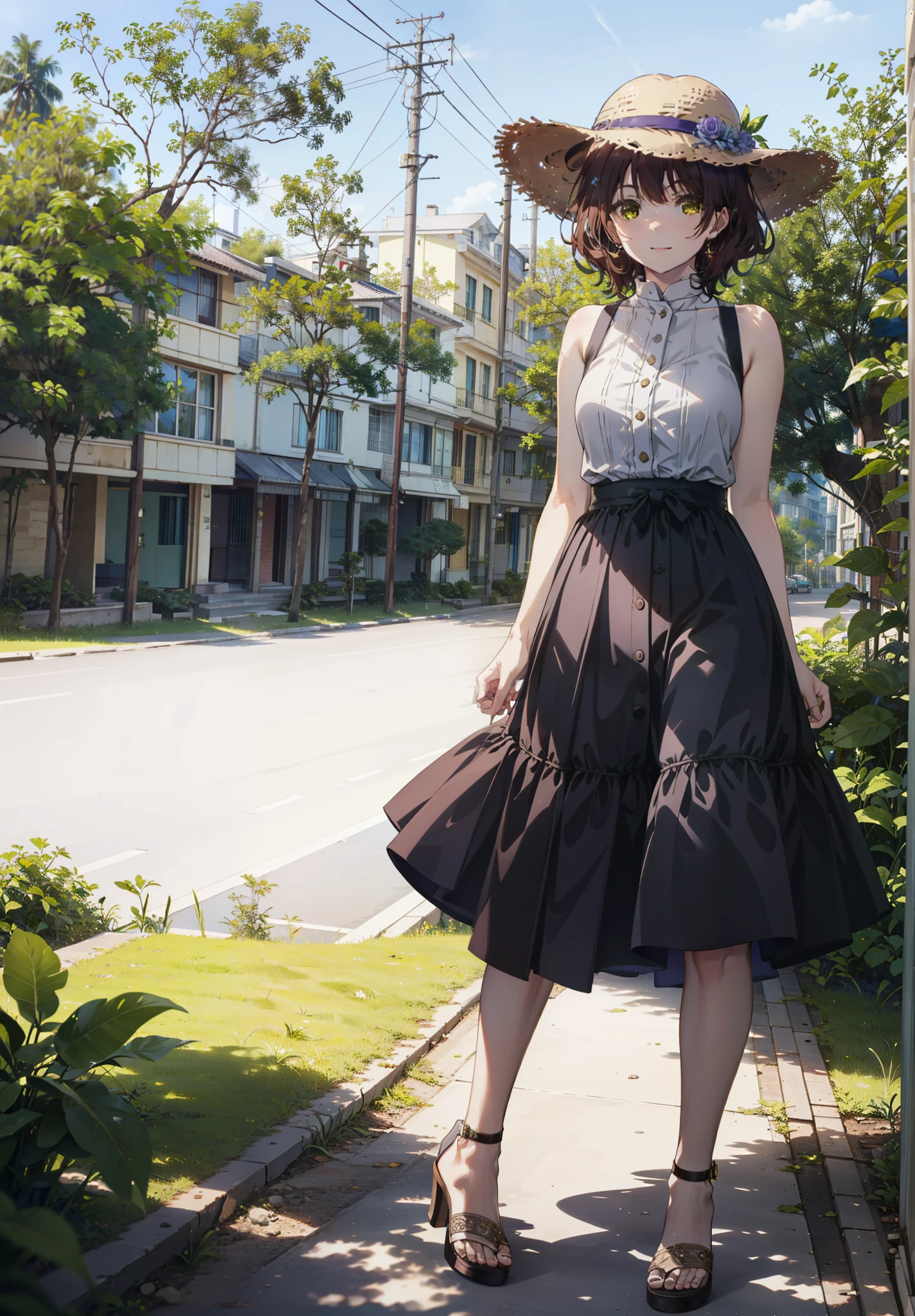 Seven days, Aoi Hinami, short hair, bangs, Brown Hair, (Green Eyes:1.5), smile,Straw hat,Sleeveless dress,Bare arms,Long skirt,Cute heeled sandals,Walking,morning,morning陽,The sun is rising,Palm tree,whole bodyがイラストに入るように,
break outdoors, Coastal Road,tropical,
break looking at viewer,whole body,
break (masterpiece:1.2), Highest quality, High resolution, unity 8k wallpaper, (figure:0.8), (Beautiful attention to detail:1.6), Highly detailed face, Perfect lighting, Highly detailed CG, (Perfect hands, Perfect Anatomy),