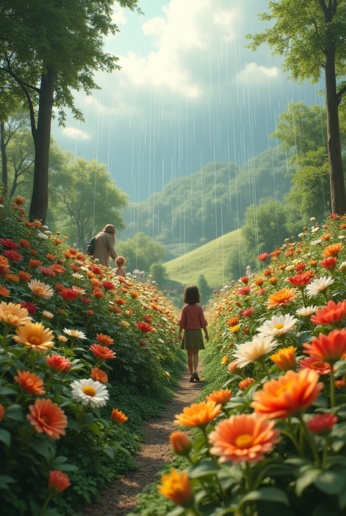 A beautiful garden with many flowers where it rains realistically 