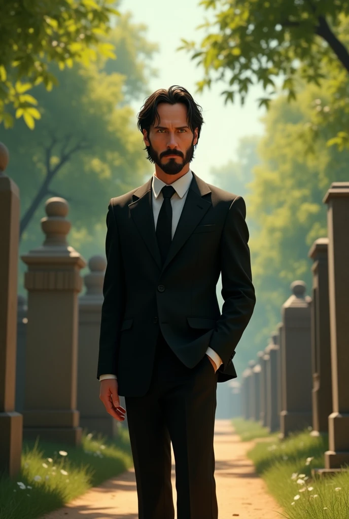 Sad keanu reeves at his girlfriend funeral, pixar style, cinematic, masterpiece, high-aesthetic, realistic