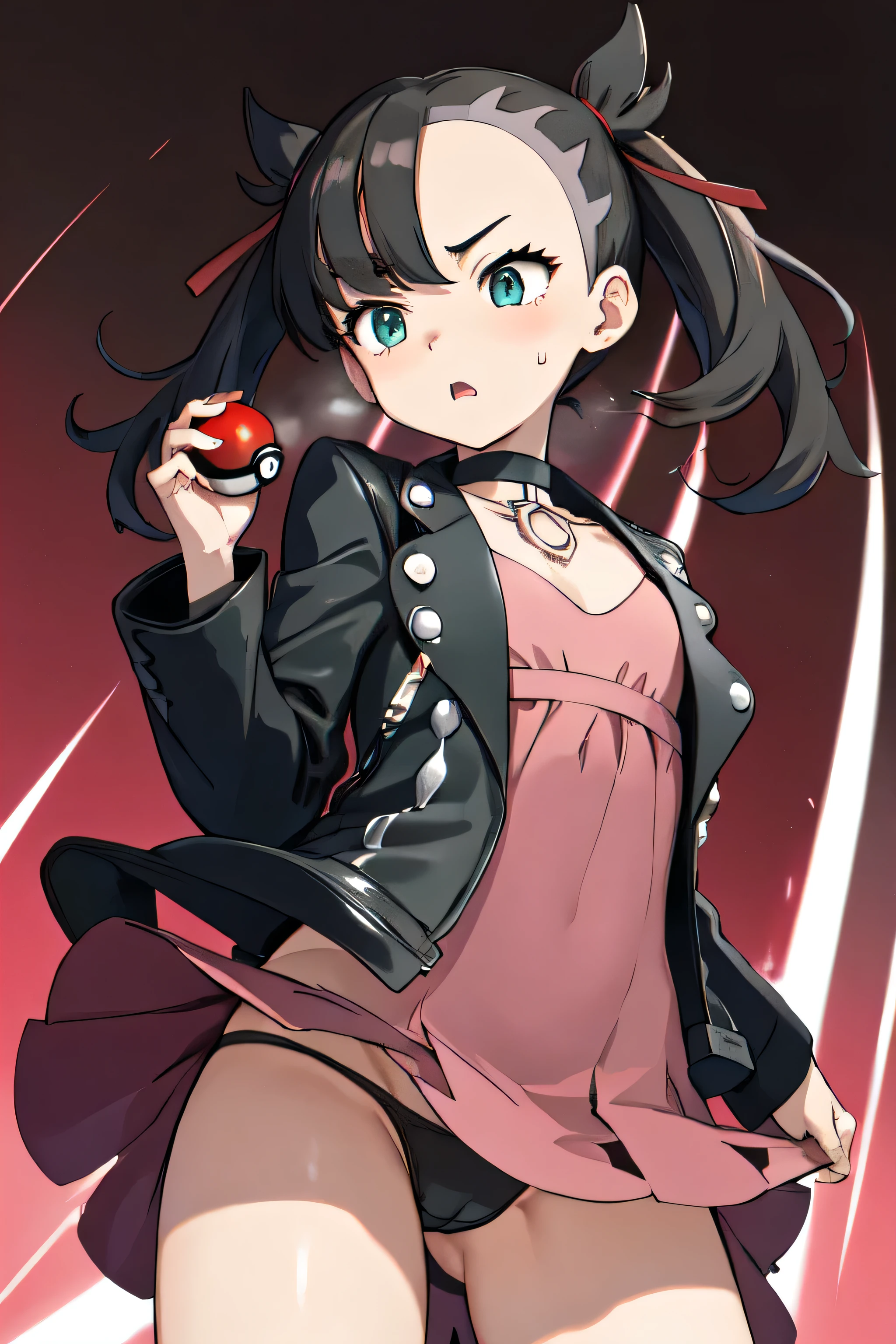 NSFW, black pantyhouse, Correia, low angle, high winds,work of art, highest quallity, high resolution, marnie, Aqua Eye, black choker, Red loop, pink dress, jewerly, Black jacke, clothes open, longsleeve, cowboy shot, They are standing, fild, holding Pokeball, Pokeball \(basic\), A very surprised face, sweat, open your mouth,Holding the skirt with hands