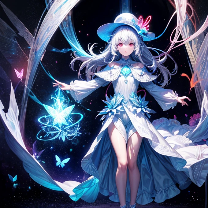 Absurd , High resolution, Super detailed, (One person:1.3), break, Fantastic dresses, hat, break, Light Persona, Dark person, Mind control, fractal, whole body, Sealing, Artistic Background, Blue luminescence, Geometric, organic, bless, agreement, Sublime, Majestic, Noble, expand, solvable, anti-gravity, antimatter, A guardian angel, holy, sacred, spiritual, Dignified, Red bioluminescence, flower, Holographic Wing, magic cirlcle, Photon, butterfly, scale, Milky Way, Beark,