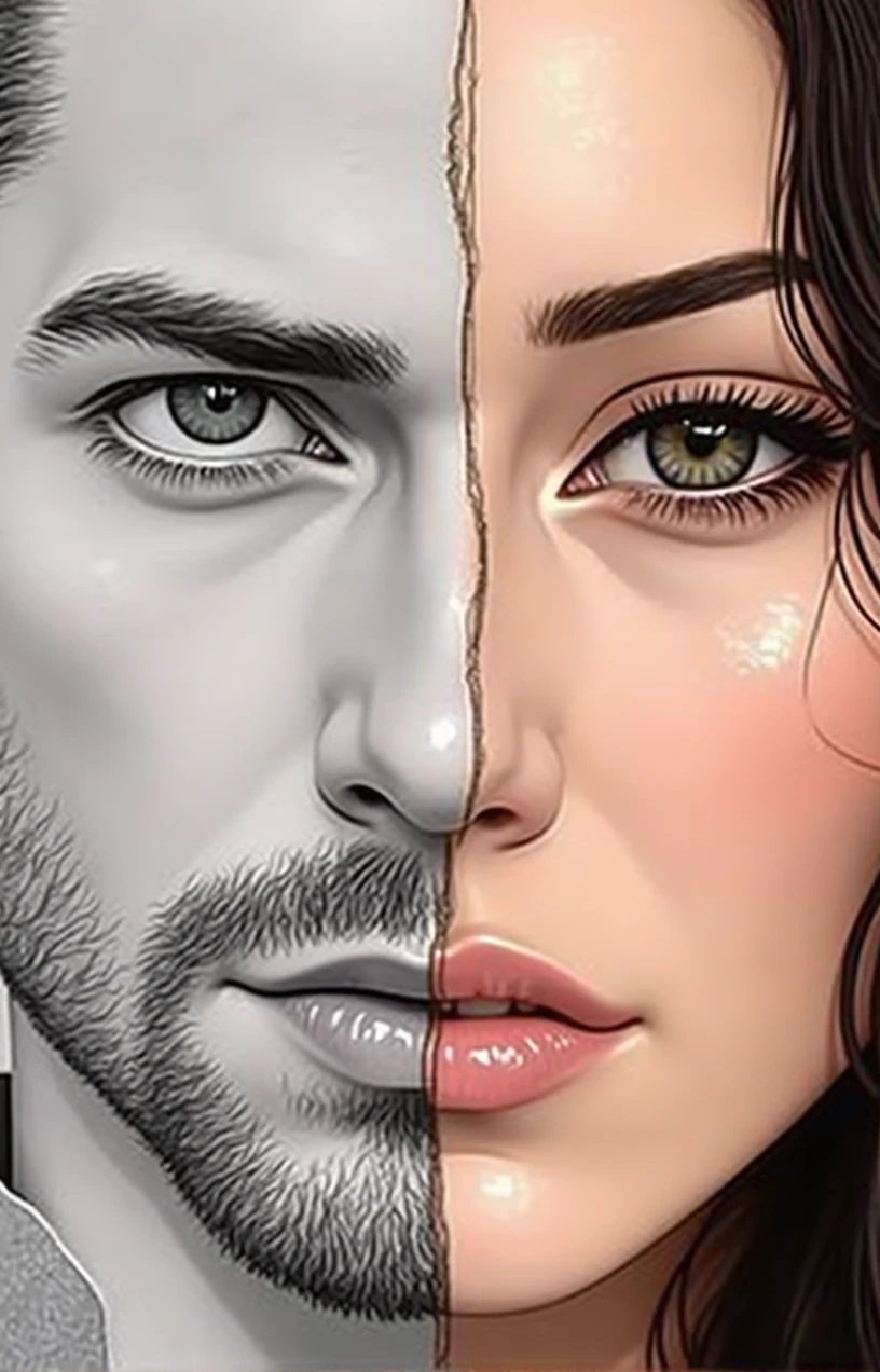 This image appears to be a striking visual representation of duality or contrast. The left half of the face depicts a rugged, masculine appearance with a strong jawline and facial hair, while the right half depicts a more delicate, feminine appearance with subtle features and makeup. The overall impression is one of a blending or merging of masculine and feminine elements, suggesting themes of unity, balance, or the coexistence of opposites. The image is evocative and open to various interpretations, leaving the viewer to ponder the underlying message or symbolism.