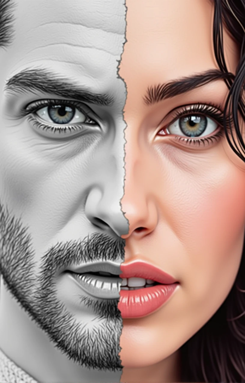 This image appears to be a striking visual representation of duality or contrast. The left half of the face depicts a rugged, masculine appearance with a strong jawline and facial hair, while the right half depicts a more delicate, feminine appearance with subtle features and makeup. The overall impression is one of a blending or merging of masculine and feminine elements, suggesting themes of unity, balance, or the coexistence of opposites. The image is evocative and open to various interpretations, leaving the viewer to ponder the underlying message or symbolism.