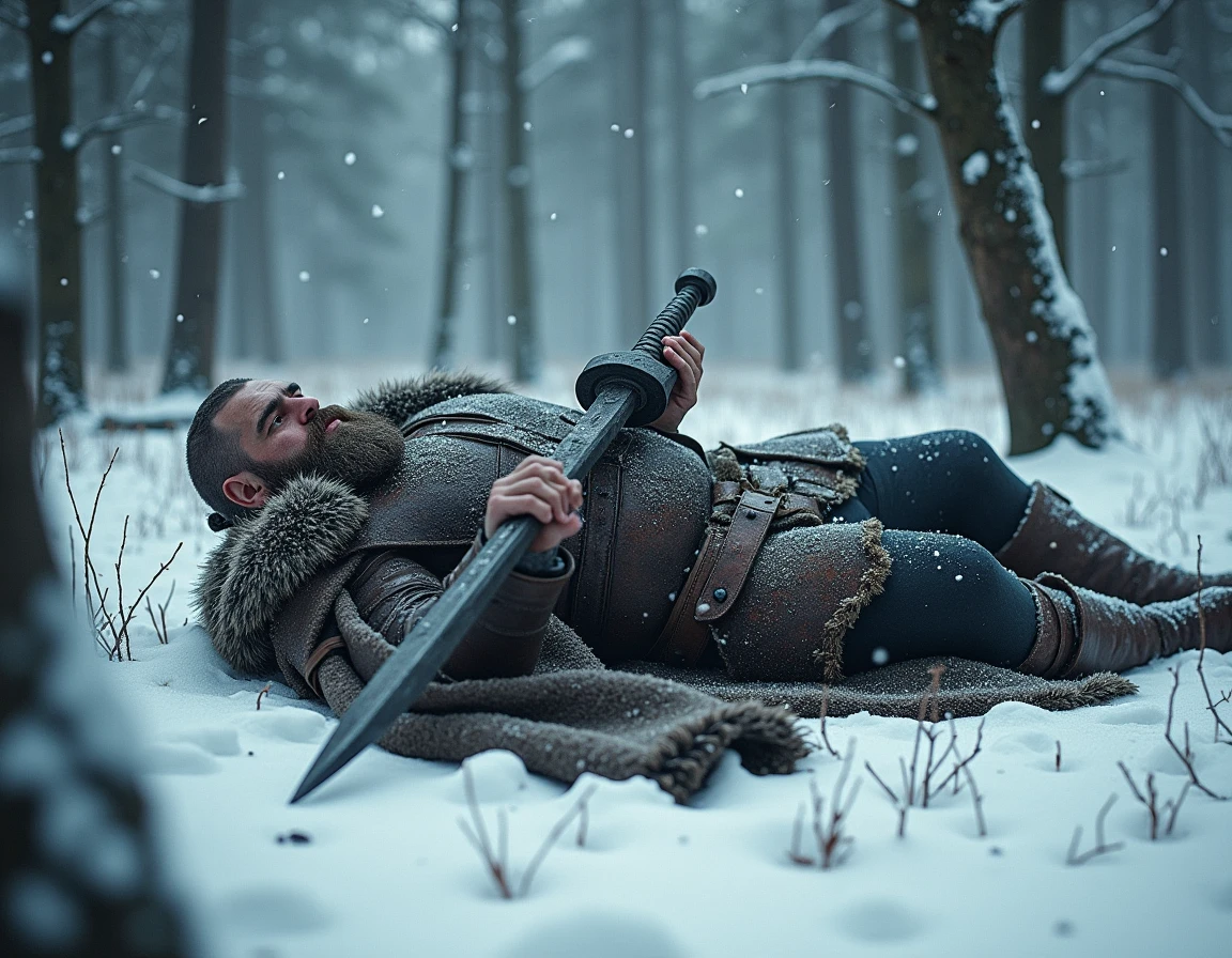 A fallen Viking barbarian lies dead on the floor of a frozen forest, and it is snowing.