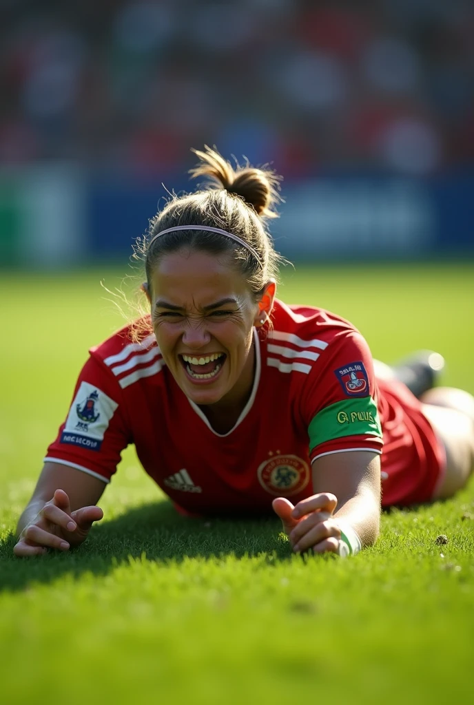 Female soccer player in 8k, ultra realistic on natural grass grimaces foul, lying on grass