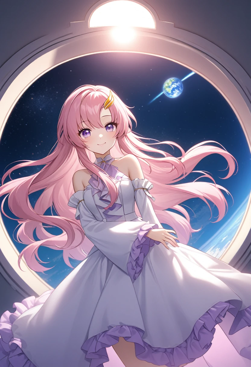 score_9, score_8_up, score_7_up, source_anime,
lacusclyne, lacus clyne, purple eyes, hair ornament, long hair, wave hair ornament, pink hair, smile,
dress, long dress, long sleeves, white sleeves, frills frilled skirt, frilled sleeves, detached sleeves, bare shoulders,
outdoors, space, earth horizon, sun, mars, spaceship window,
looking at viewer, dutch angle, cowboy shot, dynamic pose