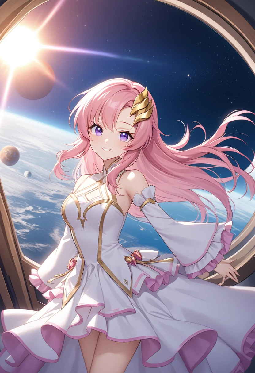 score_9, score_8_up, score_7_up, source_anime,
lacusclyne, lacus clyne, purple eyes, hair ornament, long hair, wave hair ornament, pink hair, smile,
dress, long dress, long sleeves, white sleeves, frills frilled skirt, frilled sleeves, detached sleeves, bare shoulders,
outdoors, space, earth horizon, sun, mars, spaceship window,
looking at viewer, dutch angle, cowboy shot, dynamic pose